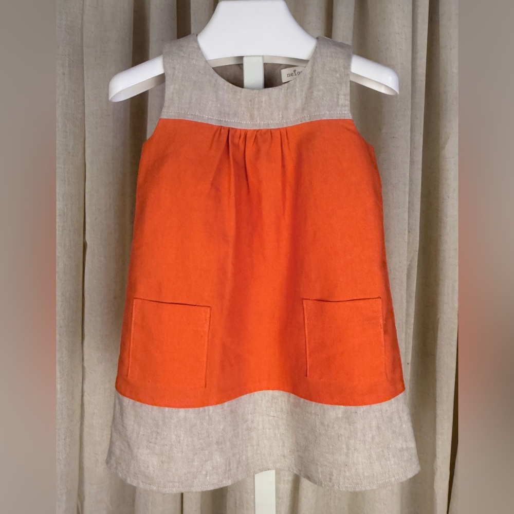 NEIGE Rich Tangerine & Natural Linen Pocket Shift Dress 2T NWT